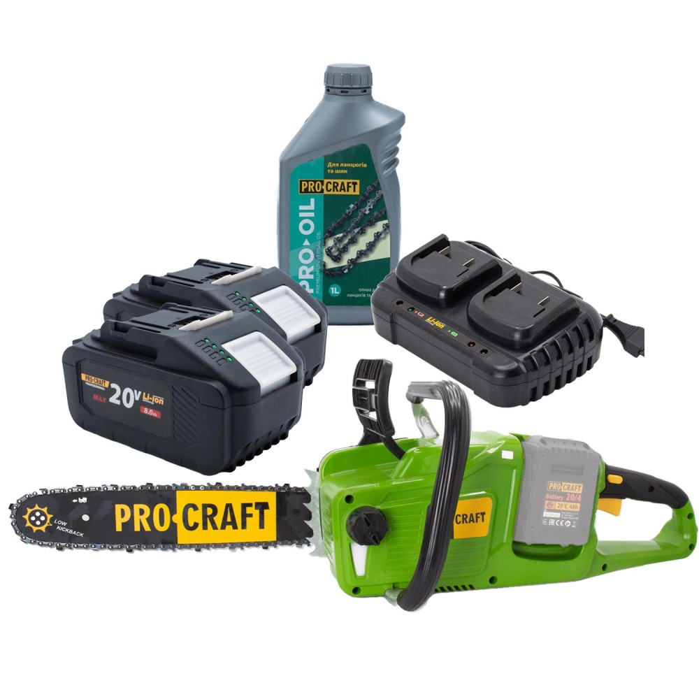 Акумуляторна пила Procraft PCA40/2 + 2 акб 8Аг + ЗП charger20/2 + Олива для ланцюга 1л