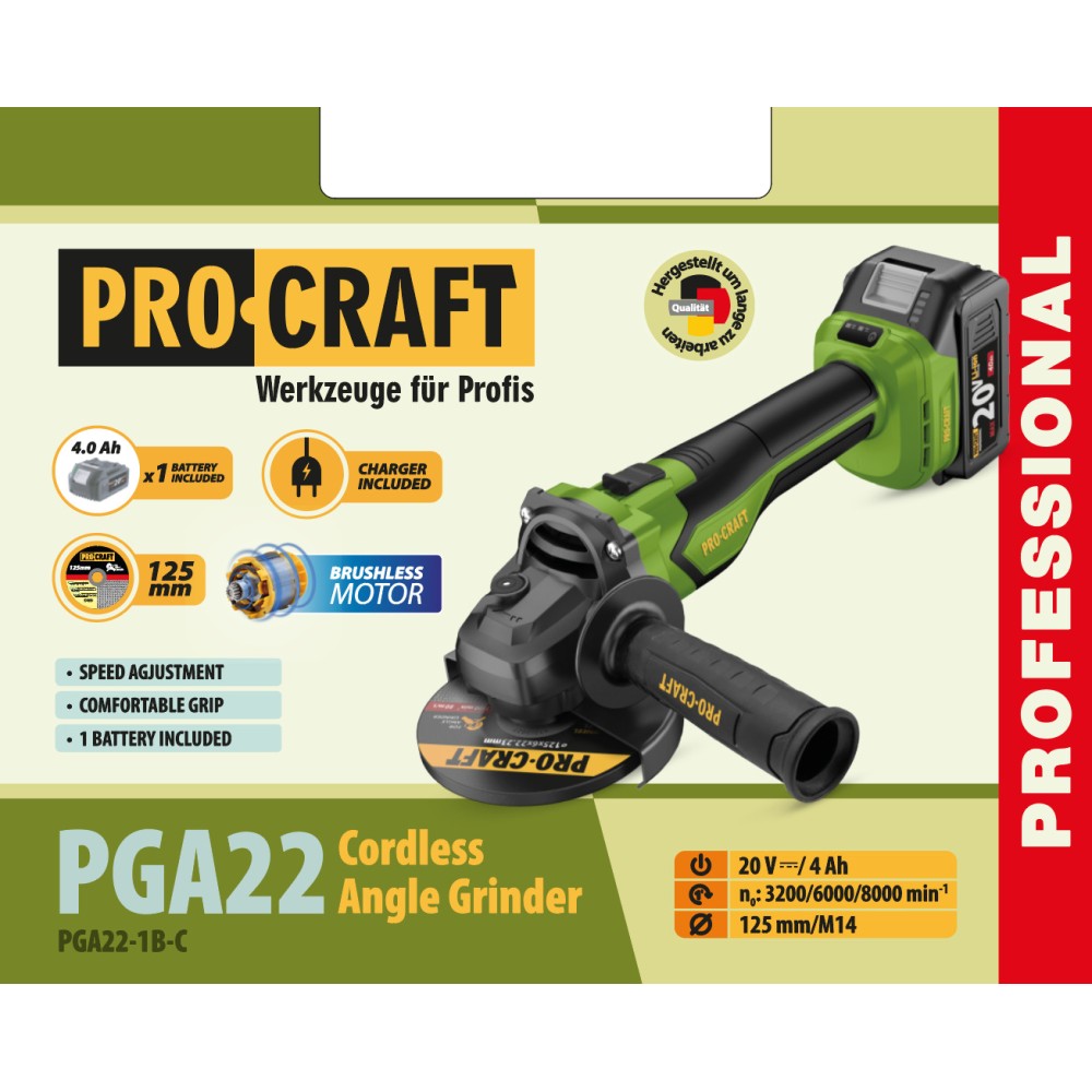 Акумуляторна болгарка Procraft PGA22, 1 акб та зп (PC-030274)