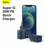 Мережевий зарядний пристрій Baseus Super Si Quick Charger 1C (1USB-C) 20W Blue (TZCCSUP-B03) + кабель Lightning (33629-03)